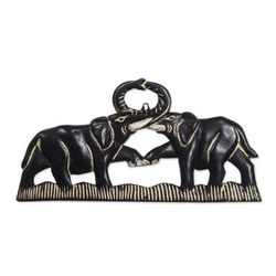 Elephant Fight,'Elephant-Themed Sese Wood Wall Sculpture from Ghana'