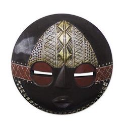 Elikem Child,'Round African Sese Wood Mask in Brown from Ghana'