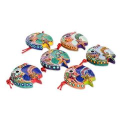Ceramic ornaments, 'Festive Night' (set of 6)