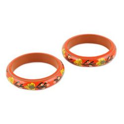 Vermilion Garden,'Floral Haldu Wood Bangle Bracelets in Vermilion (Pair)'