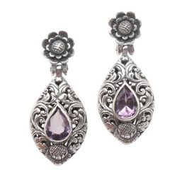 Purple Sunflower,'Hand Crafted Amethyst and Sterling Silver Dangle Earrings'