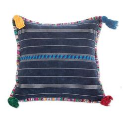 Land of Traditions,'Handwoven Blue Cotton Cushion Cover with Zipper Closure'