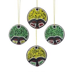 Ashanti Faces,'Recycled Plastic Beaded Wood Ornaments from Ghana (Set of 4)'