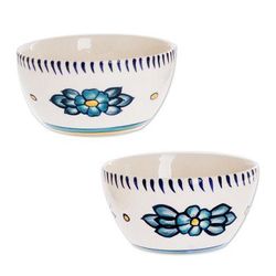 Bermuda Star,'Artisan Crafted Ceramic Bowls with Floral Motif (Pair)'