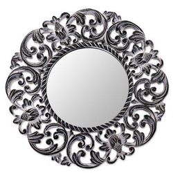 'Hand Carved Black Floral 15-Inch Wall Mirror from Bali'