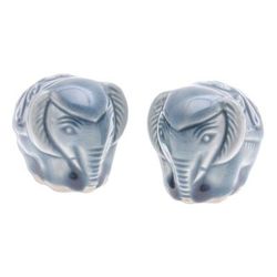 Thai Elephants,'Pair of Celadon Ceramic Elephant Mini Figurines in Blue'