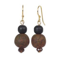 'Brown-Black Recycled Glass and Plastic Bead Dangle Earrings'