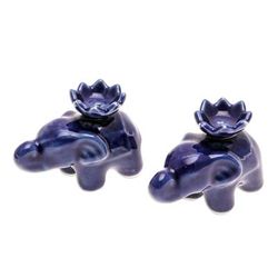 Lotus Elephant in Blue,'Blue Ceramic Elephant with Lotus Incense Holders (Pair)'