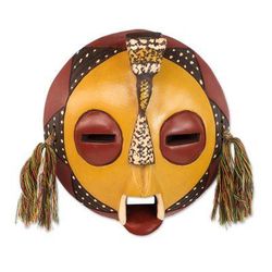 Calm One,'Handcrafted Yellow Sese Wood Wall Mask from Ghana'