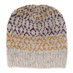 Intarsia Mix,'Knit Baby Alpaca Blend Hat in Grey Orange and Purple'