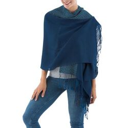 Andean Grace,'Artisan Crafted 100% Baby Alpaca Blue Shawl from Peru'