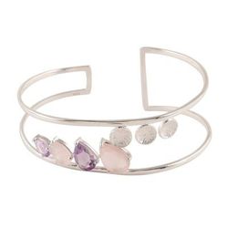 Dazzling Teardrops,'Rose Quartz and Amethyst Cuff Bracelet from India'