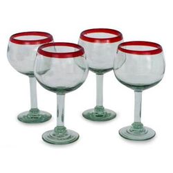 'Ruby Globe' (set of 4) - Set of 4 Hand Blown Wine Glasses Clear with Red