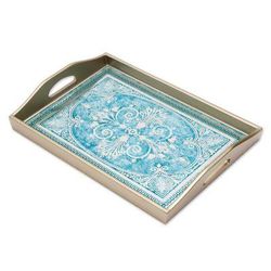 Floral Marvel in Silver,'Reverse Painted Glass Tray in Blue and Silver from Peru'
