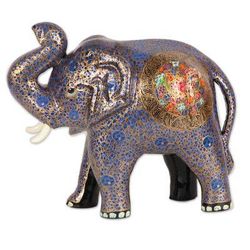 Triumphant Elephant,'Floral Blue Papier Mache Elephant Sculpture from India'