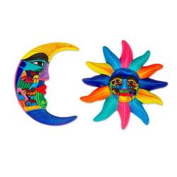 Beauty of the Sky,'Hand Painted Ceramic Sun and Moon Wall Art (Pair)'