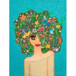 Hidden Dream,'Acrylic on Canvas Painting of a Woman in Expressionist Style'