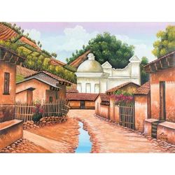 San Juan Comalapa,'Signed Folk Art Painting of a Guatemalan Town'