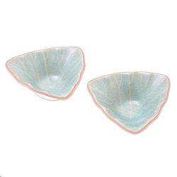 Luxe Leaves in Green,'Triangular Celadon Green Ceramic Condiment Servers (Pair)'