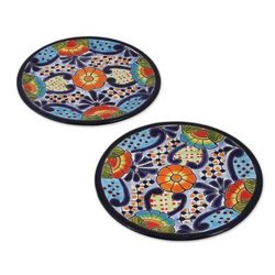 Raining Flowers,'Talavera Ceramic Dessert Plates from Mexico (Pair)'