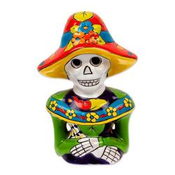 Camellia Woman,'Hand-Painted Ceramic Catrina Sculpture from Mexico'