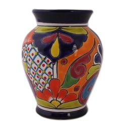 'Hand-Painted Talavera-Style Ceramic Vase Crafted in Mexico'
