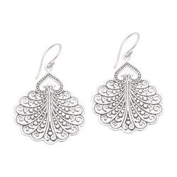 Peacock's Tail,'Fan Pattern Sterling Silver Dangle Earrings from Bali'