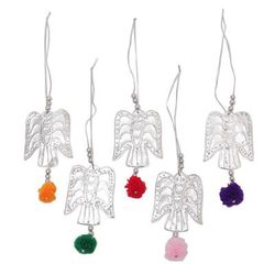 Angelic Sparkles,'Set of 5 Handcrafted Embossed Angel Ornaments with Pompoms'