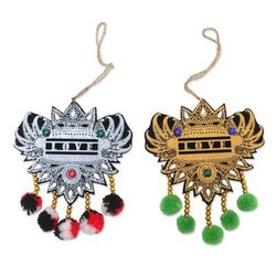 Colorful Balinese Glory,'Set of 2 Handmade Traditional Beaded Ornaments with Pompoms'