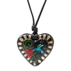 Golden Night Hummingbird,'Hand Painted Heart Shaped Hummingbird Pendant Necklace'