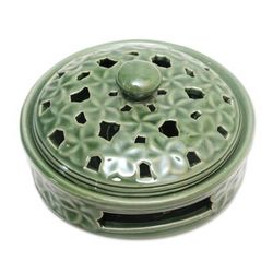Plumeria Blooms in Green,'Balinese Handmade Green Porcelain Mosquito Coil Holder'