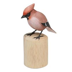 'Hand-Carved Hand-Painted Wood Bird Statuette with Teak Base'
