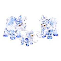 Giant Family in Blue,'Set of 3 Handblown Elephant Family Glass Figurines in Blue'
