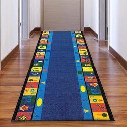 Custom Size Alphabet Border Design Blue Color Non-Slip Rubber Backing- 31 Inch WidexYour Choice of Length Runner Rug