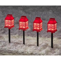 Set of 4 LED Snowflake Lantern Solar Pathway Lights by BrylaneHome in Red Snowflake