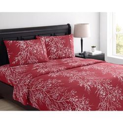 4-PC Foliage Sheet Set by BrylaneHome in Burgundy (Size QUEEN)