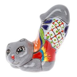 'Handcrafted Hacienda-Themed Grey Ceramic Cat Figurine'