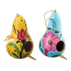 Summer Homes,'Set of Two Floral Yellow and Blue Dried Gourd Ornaments'