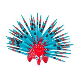 'Hand-Painted Wood Alebrije Porcupine Figurine in Red'