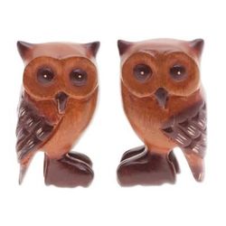 Twin Wisdom,'Set of Two Han-Carved Raintree Wood Owl Figurines'
