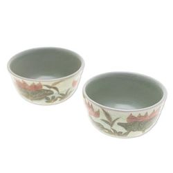 '2 Hand-Painted Celadon Ceramic Floral & Leaf Dessert Bowls'