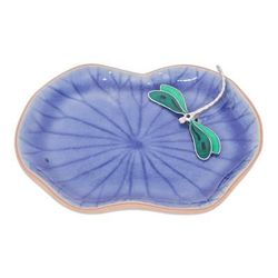 'Handcrafted Blue Dragonfly-Themed Celadon Ceramic Catchall'