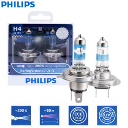 Philips Racing Vision GT200 H4 H7 12V + 200% Luce più brillante Faro alogeno per auto Lampade automatiche originali Fascio alto e basso ECE, 2 pezzi