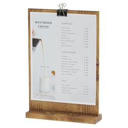 Cal-Mil 2036-811-99 Madera Tabletop Clipboard Menu Card Holder - 9 1/4"W x 13 1/2"H, Pine Wood, Brown