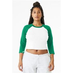 Bella + Canvas 1200 Women's Micro Ribbed 3/4 Raglan Baby Top in White/Kelly size Small | Cotton/Polyester Blend