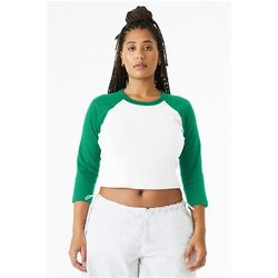Bella + Canvas 1200 Women's Micro Ribbed 3/4 Raglan Baby Top in White/Kelly size XL | Cotton/Polyester Blend