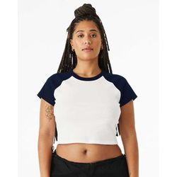 Bella + Canvas 1201 Women's Micro Ribbed Raglan Baby Top in White/Navy Blue size XL | Cotton/Polyester Blend