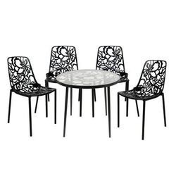 LeisureMod Devon Mid-Century Modern 5-Piece Aluminum Outdoor Patio Dining Set with Tempered Glass Top Table and 4 Stackable Flower Design Chairs for Patio, Poolside, Balcony, and Backyard Garden - Leisurmod DT31C4BL