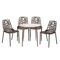 LeisureMod Devon Mid-Century Modern 5-Piece Aluminum Outdoor Patio Dining Set with Tempered Glass Top Table and 4 Stackable Flower Design Chairs for Patio, Poolside, Balcony, and Backyard Garden - Leisurmod DT31C4BR