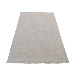 Shahbanu Rugs Cream Color, Hand Knotted, Washed Out Khotan, Block Rosette Design, Pure Wool, Oriental Rug (4'x6') - 4' x 6'